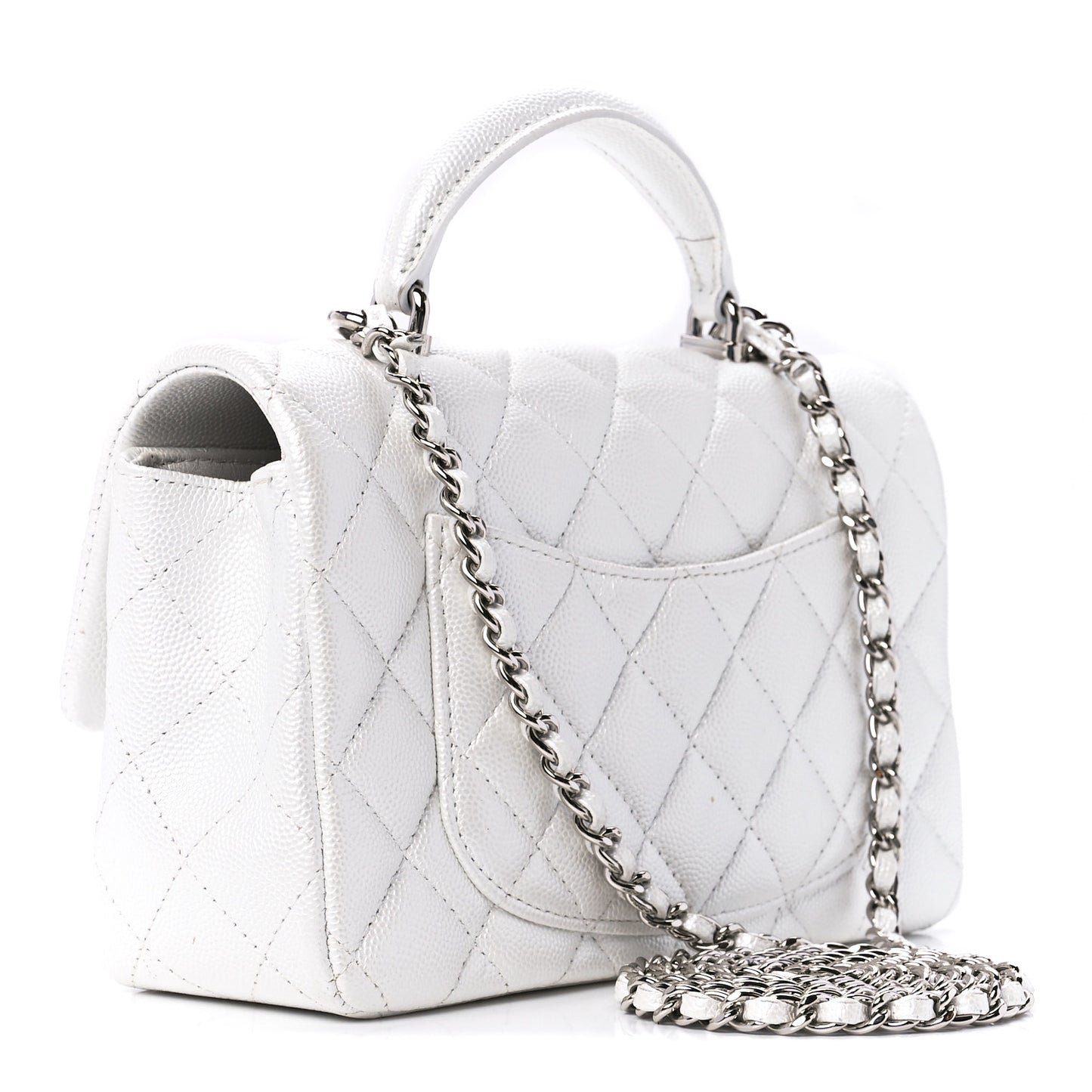 Iridescent Caviar Quilted Mini Top Handle Rectangular Flap White