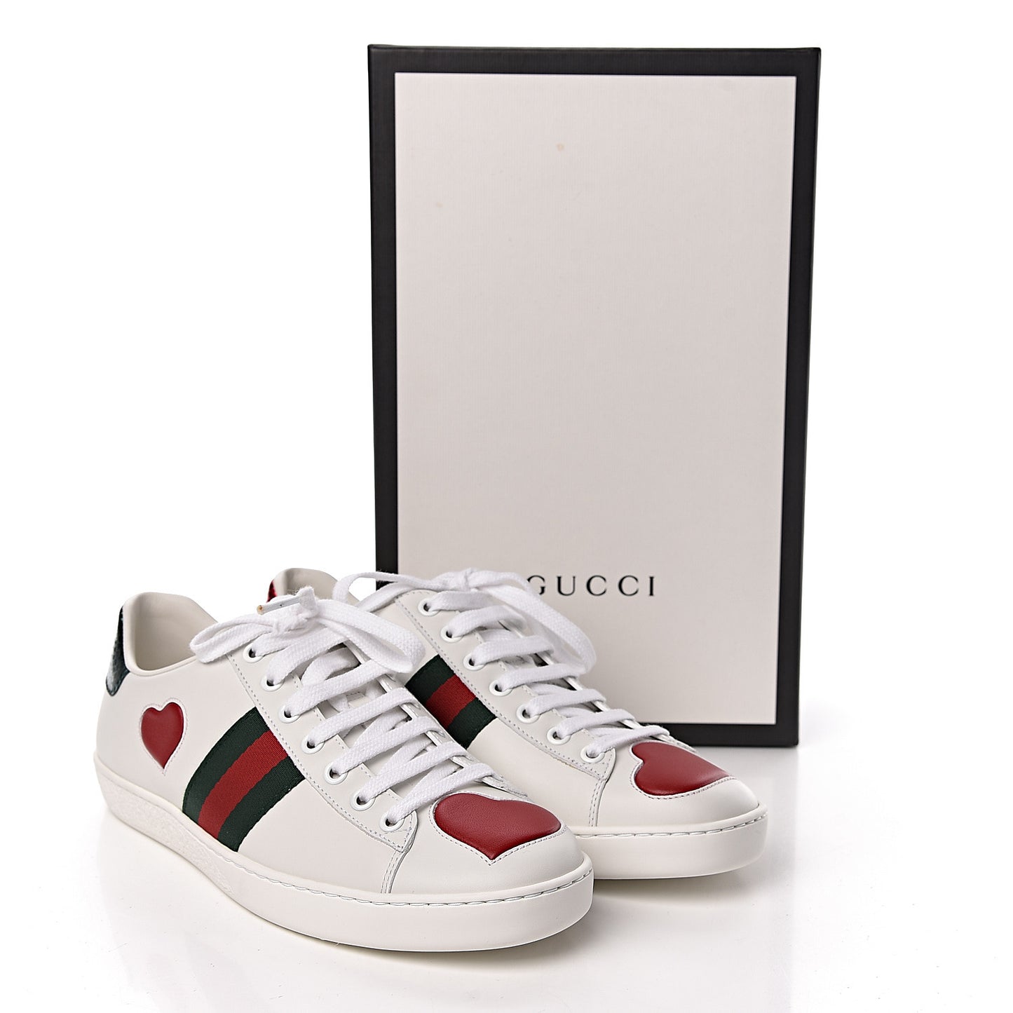 Calfskin Web Heart Embroidered Womens Ace Sneakers 38 White