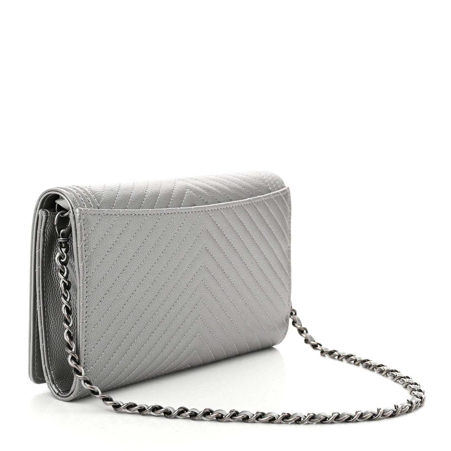 Metallic Caviar Chevron Quilted Boy Wallet On Removable Chain WOC Silver