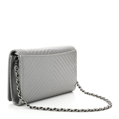 Chanel Metallic Caviar Chevron Quilted Boy Wallet On Removable Chain WOC Silver 4 of 12