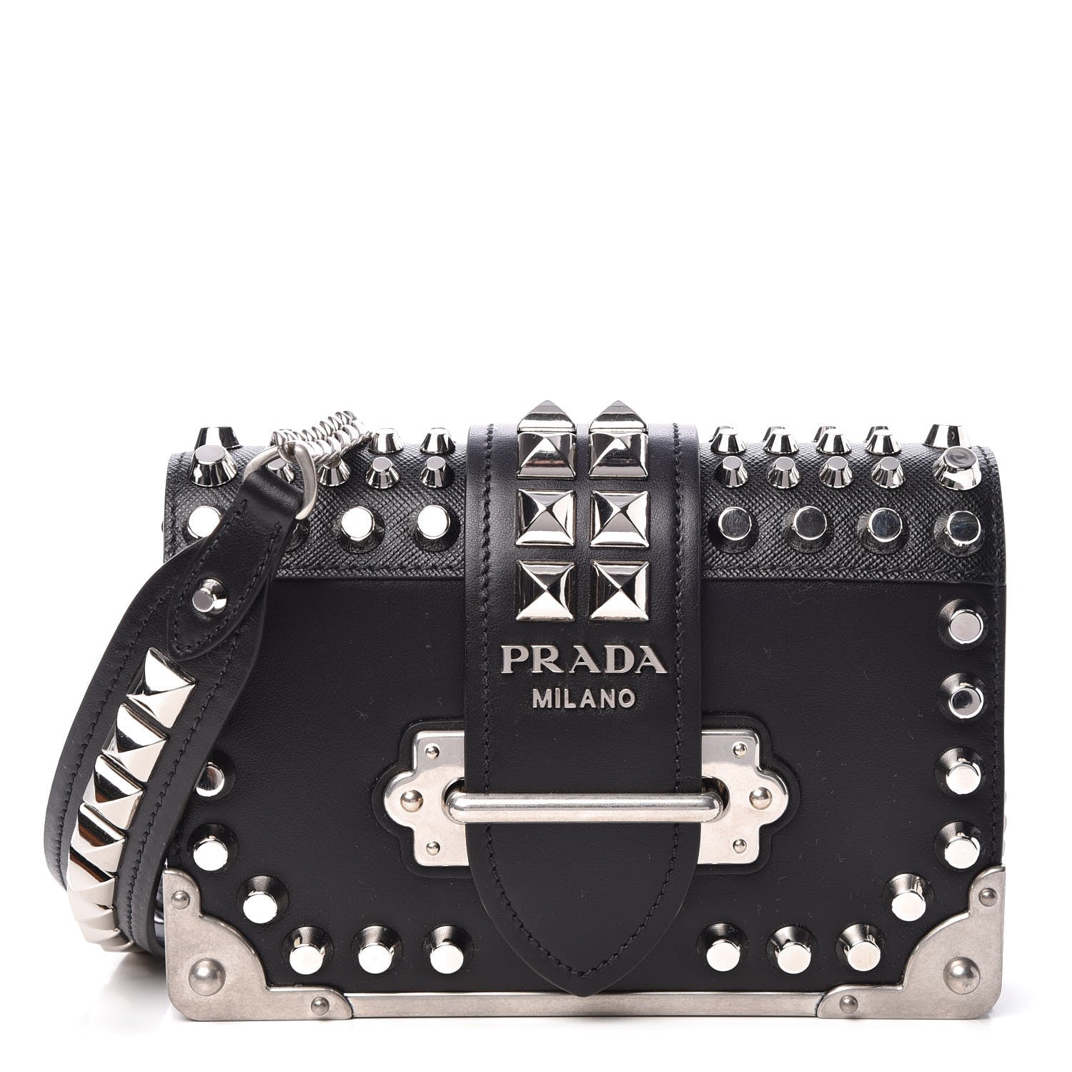 Prada City Calf Saffiano Studded Small Cahier Bag Black 1 of 6