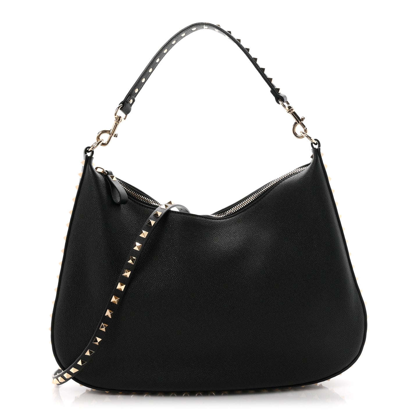 Grained Calfskin Rockstud Hobo Bag Black