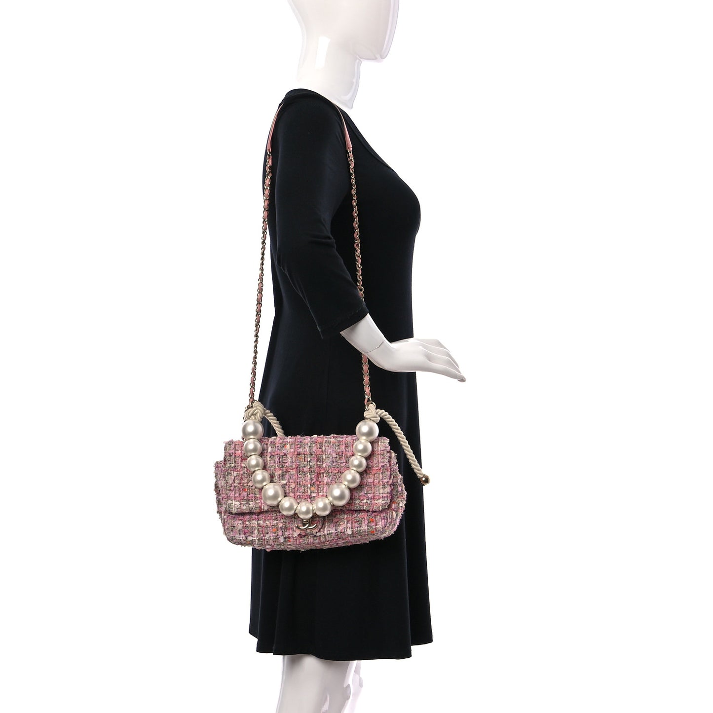 Tweed Medium Pearl Handle Flap Pink Beige Orange Ecru