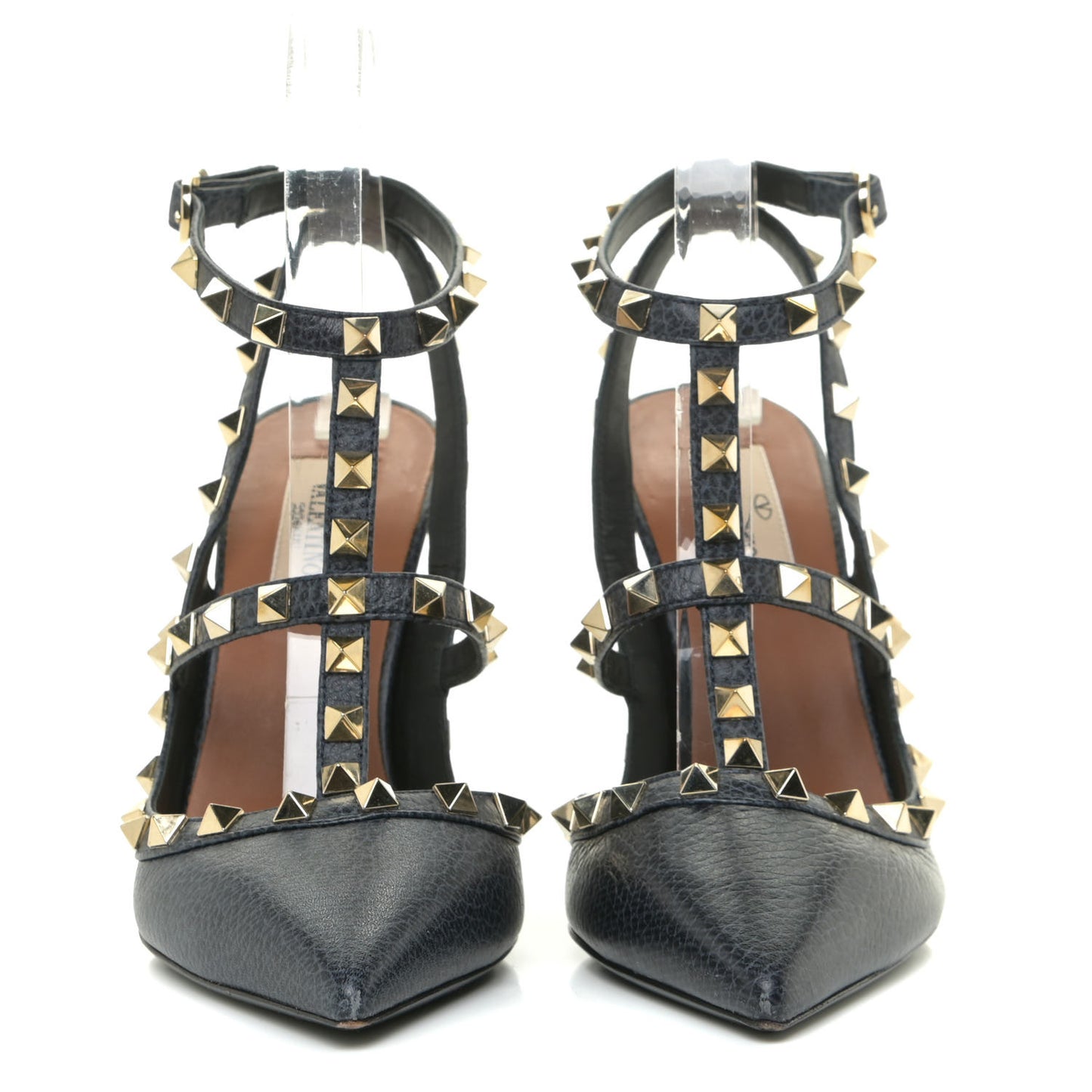 Pebbled Calfskin Rockstud Ankle Strap 100mm Pumps 36.5 Deep Denim