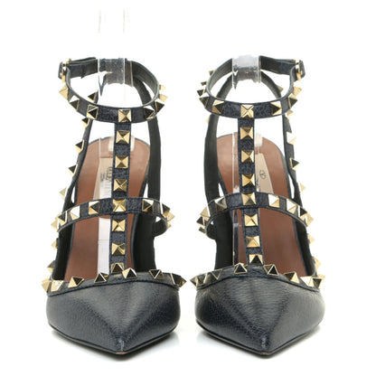 Valentino Garavani Pebbled Calfskin Rockstud Ankle Strap 100mm Pumps 36.5 Deep Denim 2 of 14