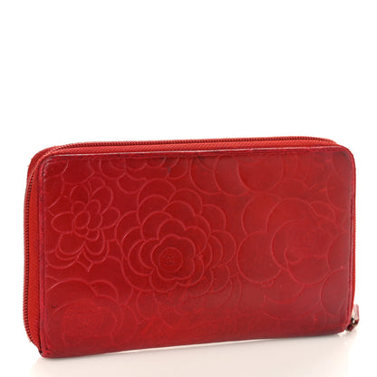 Chanel Lambskin Camellia Embossed Zip Around Organizer Wallet Red 3 of 16