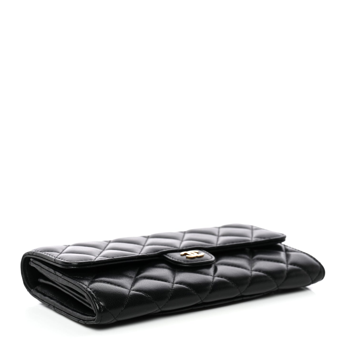 Lambskin Quilted Large Gusset Flap Wallet Black