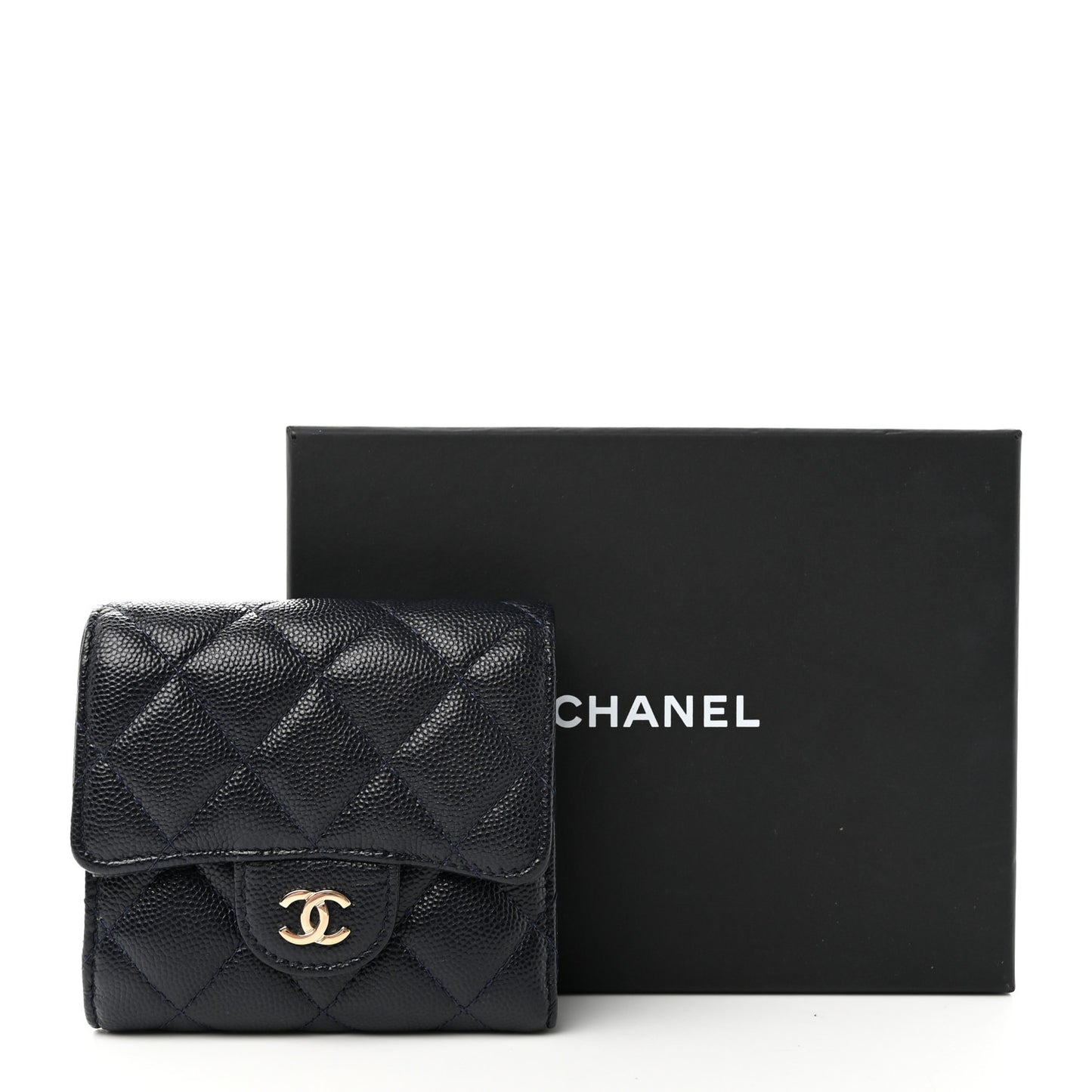 Caviar Quilted Compact Flap Wallet Navy