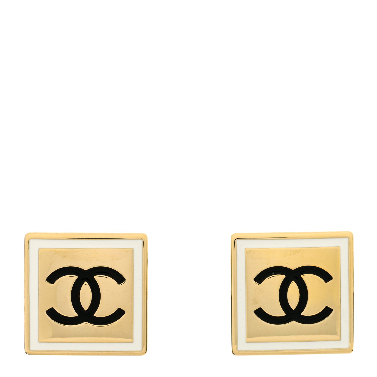 Chanel Metal Enamel CC Square Earrings Gold Black White 1 of 4