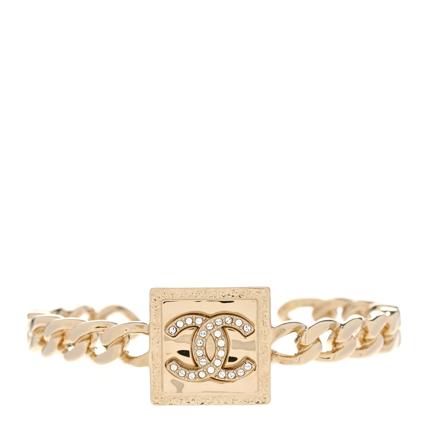 Chanel Metal Crystal CC Chain Link Cuff S Bracelet Gold 1 of 4