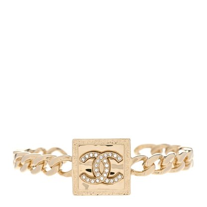 Chanel Metal Crystal CC Chain Link Cuff S Bracelet Gold 1 of 4