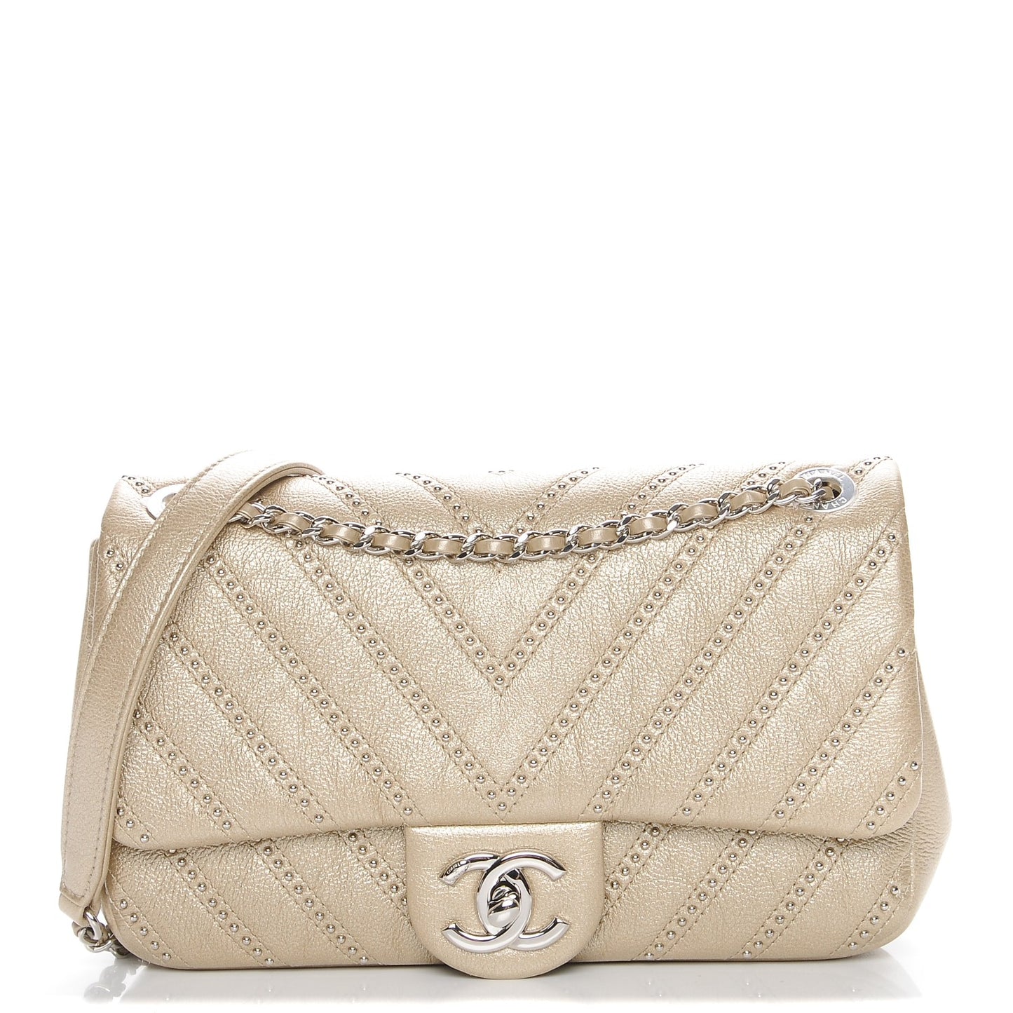 Metallic Calfskin Studded Chevron Quilted Wars Flap Gold