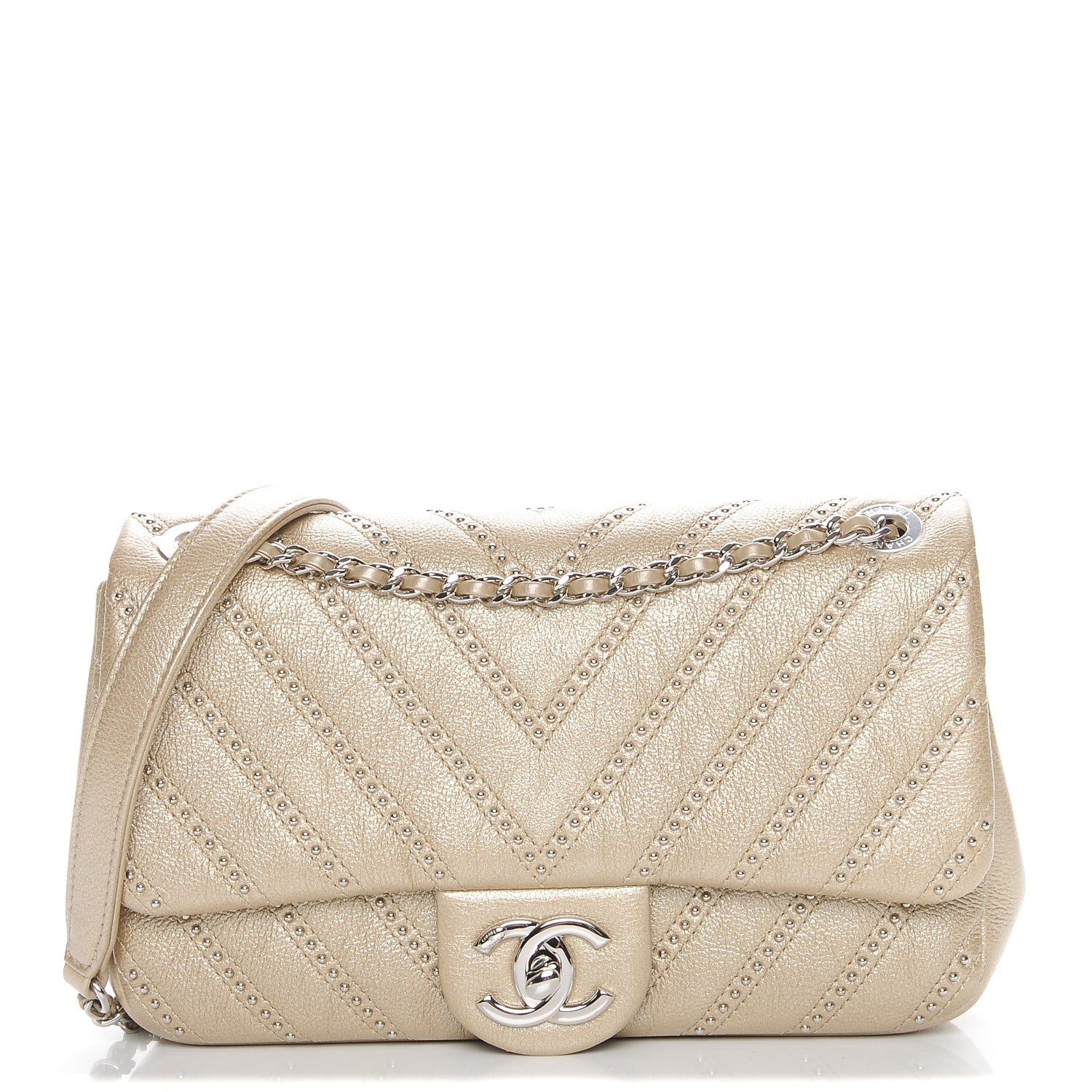 Chanel Metallic Calfskin Studded Chevron Quilted Wars Flap Gold 1 of 8