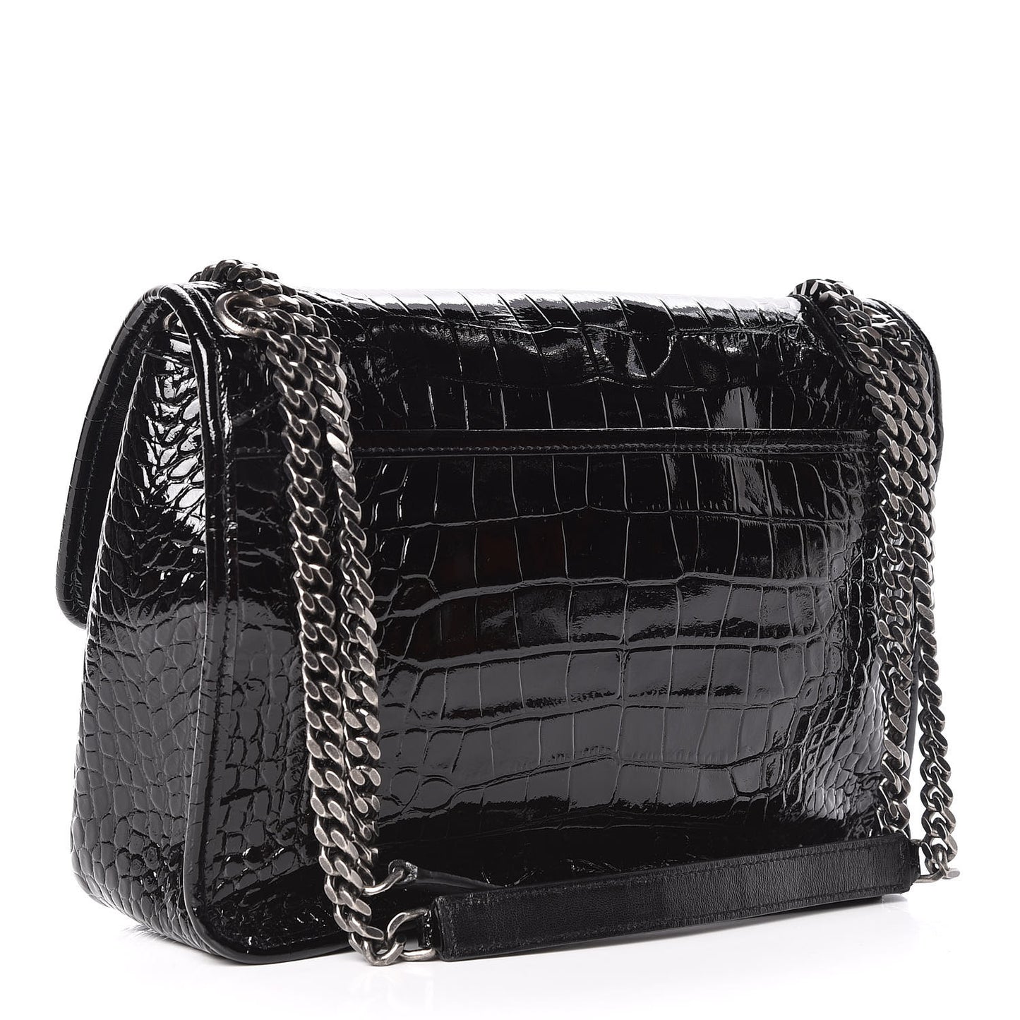 Patent Crocodile Embossed Lambskin Monogram Medium Niki Chain Satchel Black