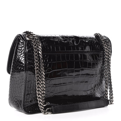 Saint Laurent Patent Crocodile Embossed Lambskin Monogram Medium Niki Chain Satchel Black 3 of 9