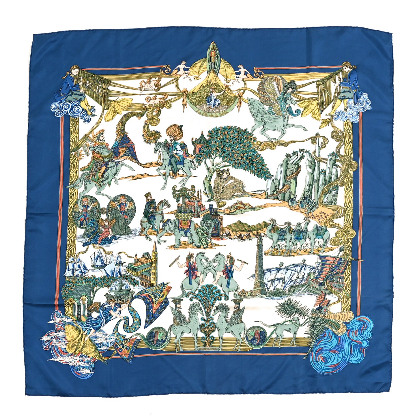 Silk Au Fil De La Soie Scarf 90 Blue White Multicolor
