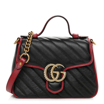 Gucci Vintage Effect Calfskin Matelasse Diagonal Mini Torchon GG Marmont Top Handle Shoulder Bag Black Romantic Cherry 1 of 11