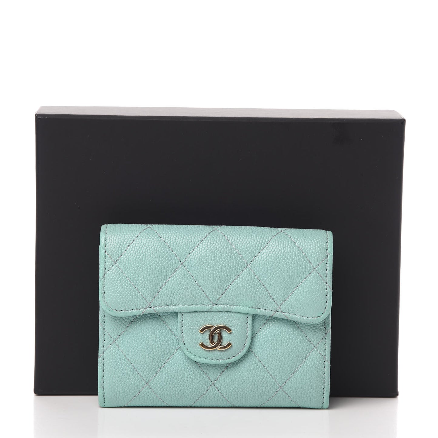 Caviar Quilted Flap Card Holder Wallet Light Blue