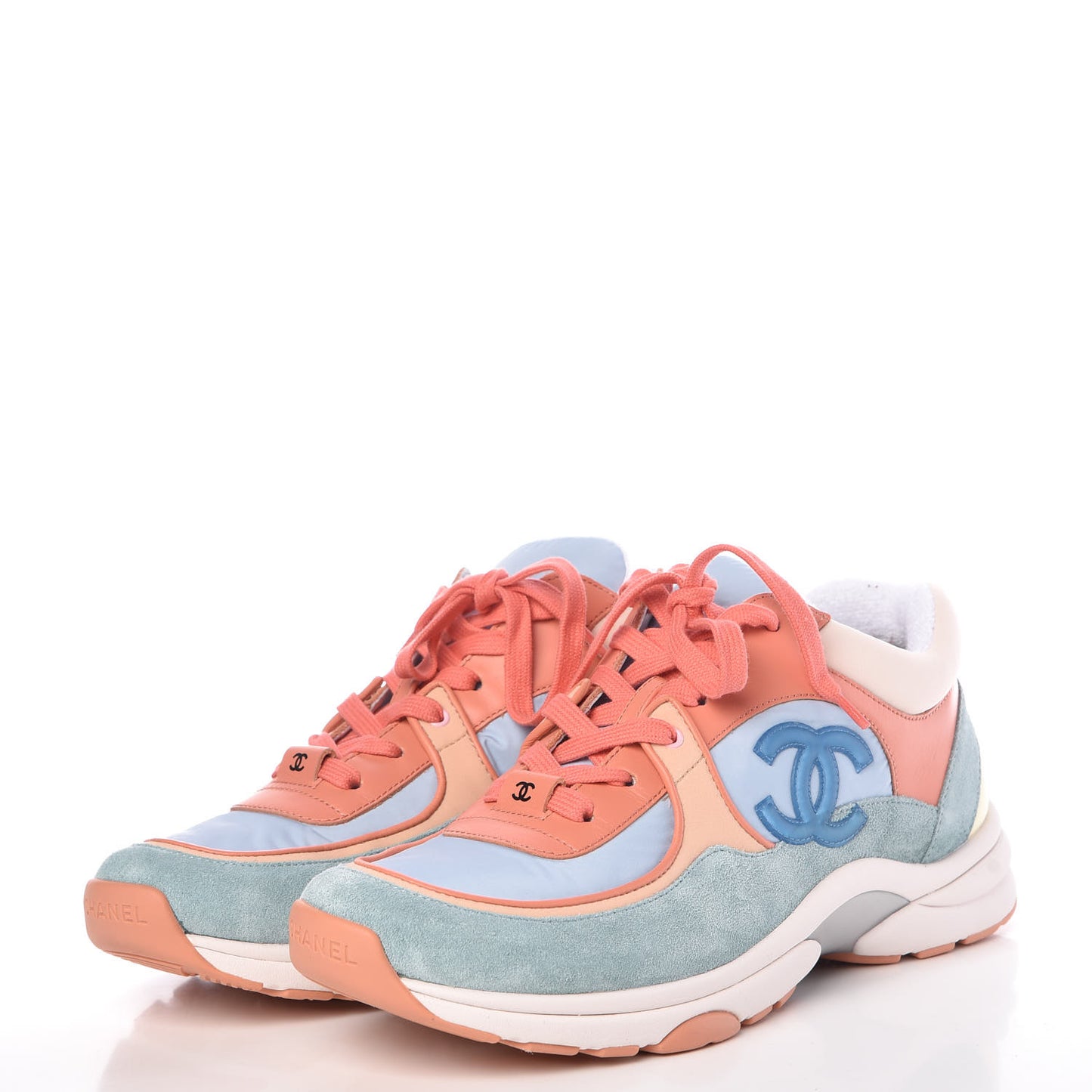 Nylon Lambskin Suede Calfskin CC Sneakers 40 Coral Light Blue White