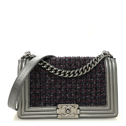 Chanel Tweed Metallic Lambskin Medium Boy Flap Silver 1 of 12