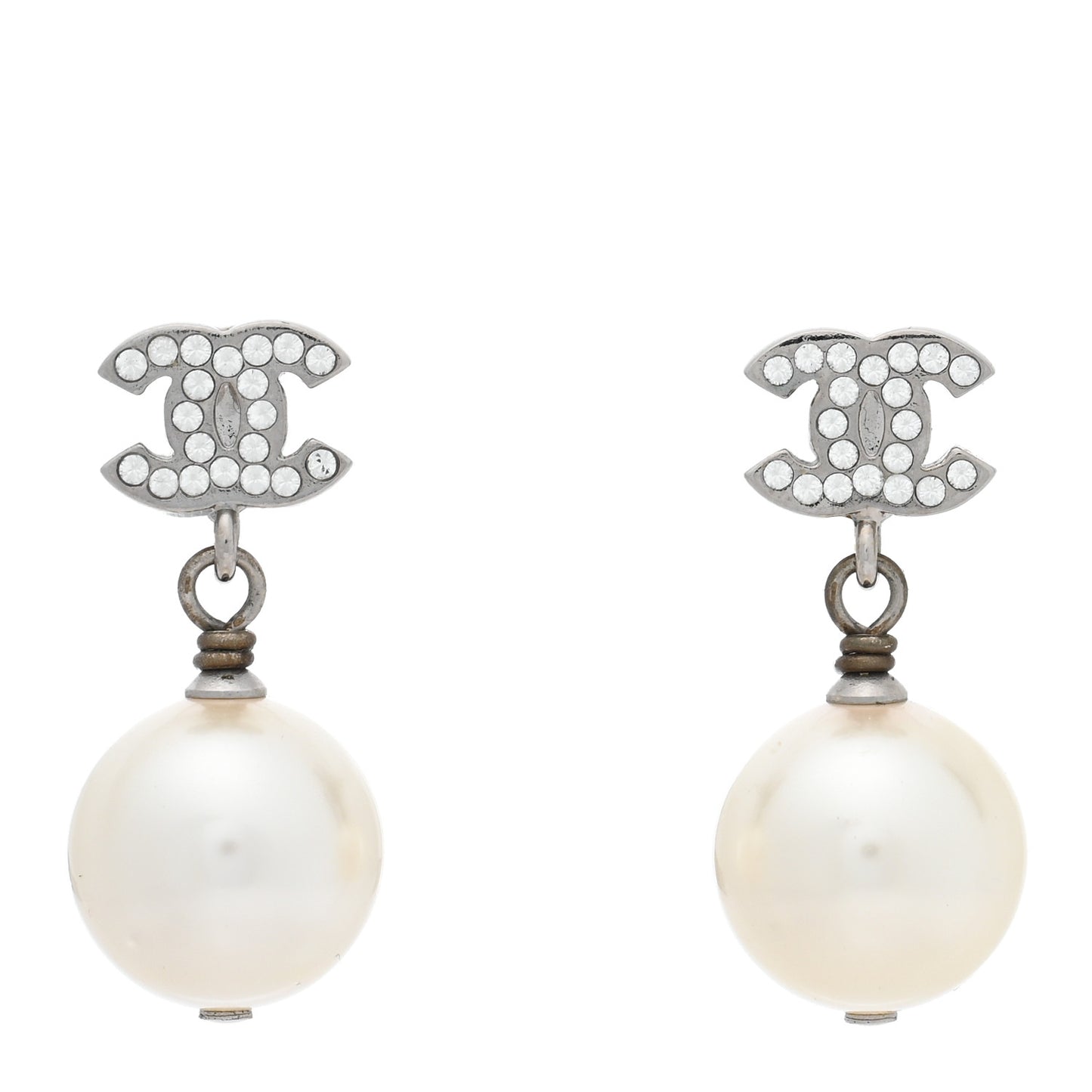 Crystal Pearl CC Drop Earrings Silver Pearly White