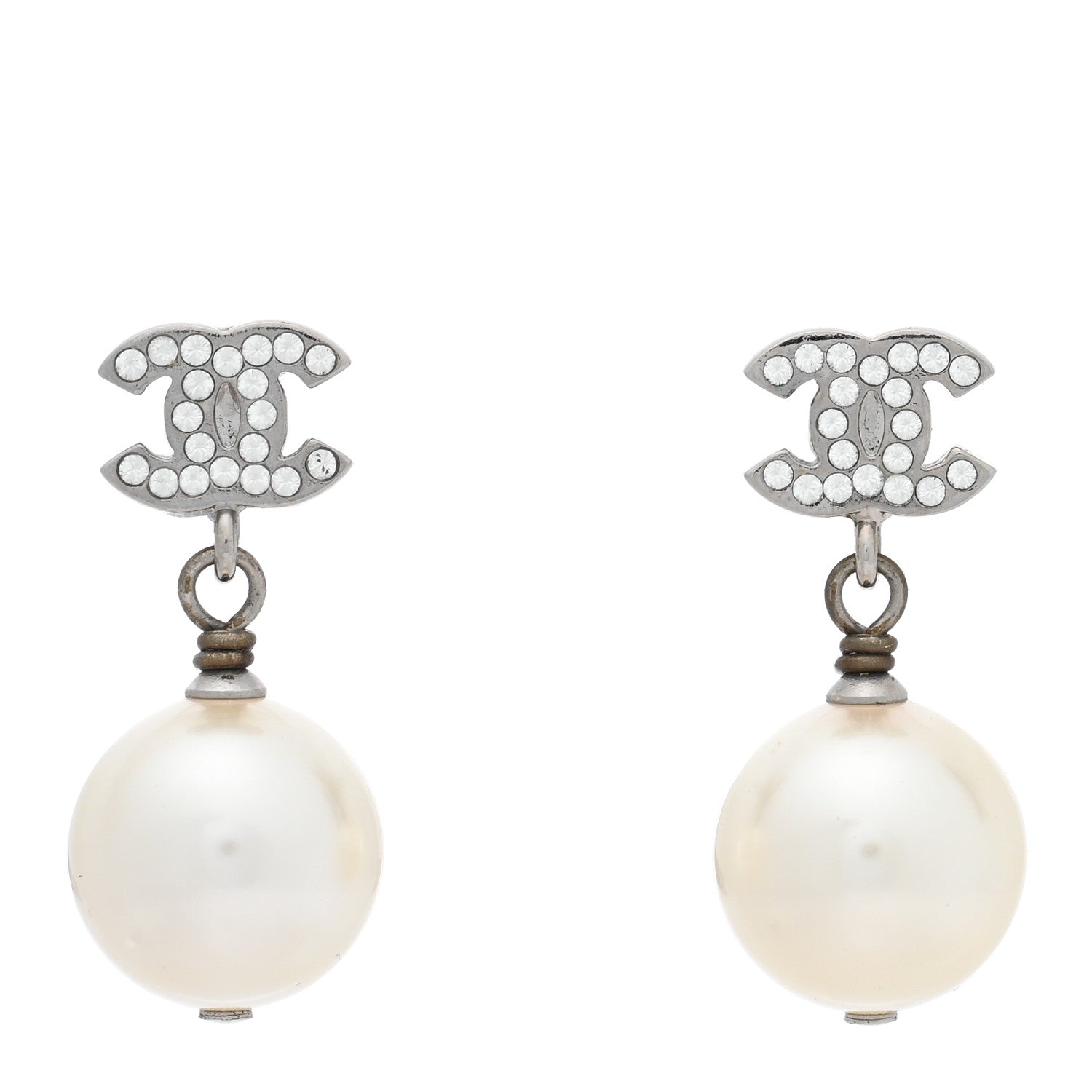 Chanel Crystal Pearl CC Drop Earrings Silver Pearly White 1 of 5