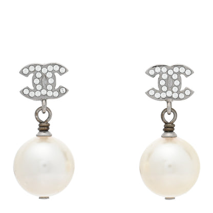 Chanel Crystal Pearl CC Drop Earrings Silver Pearly White 1 of 5