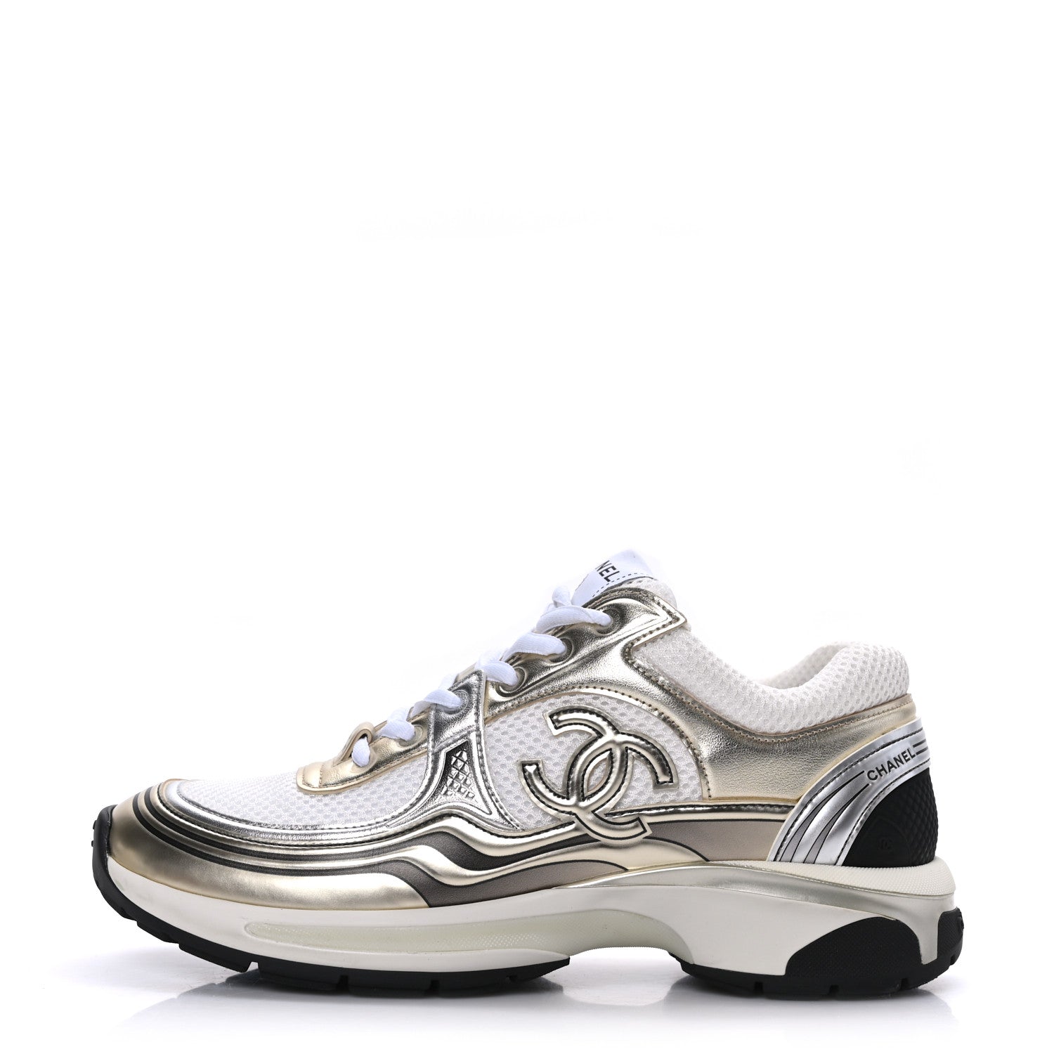 Chanel Fabric Laminated Calfskin Stretch CC Sneakers 39 White Gold Silver 1 of 9