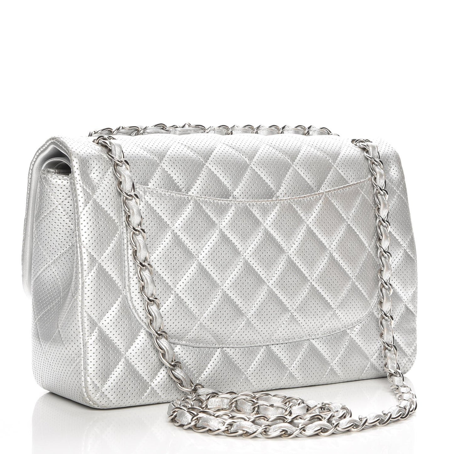 Metallic Perforated Lambskin Quilted Jumbo Double Flap Light Silver
