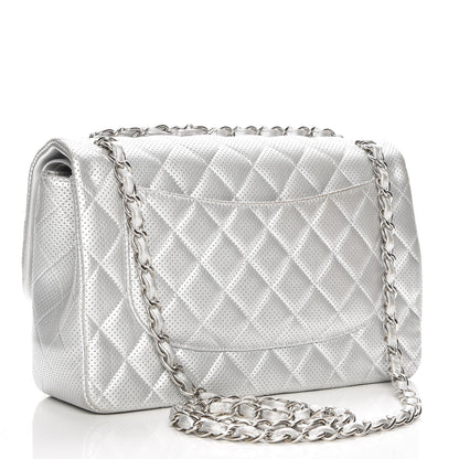 Chanel Metallic Perforated Lambskin Quilted Jumbo Double Flap Light Silver 4 of 10