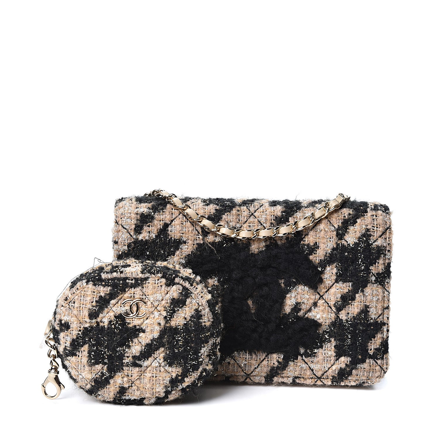 Tweed Shearling Quilted Wallet On Chain WOC and Coin Purse Beige Black