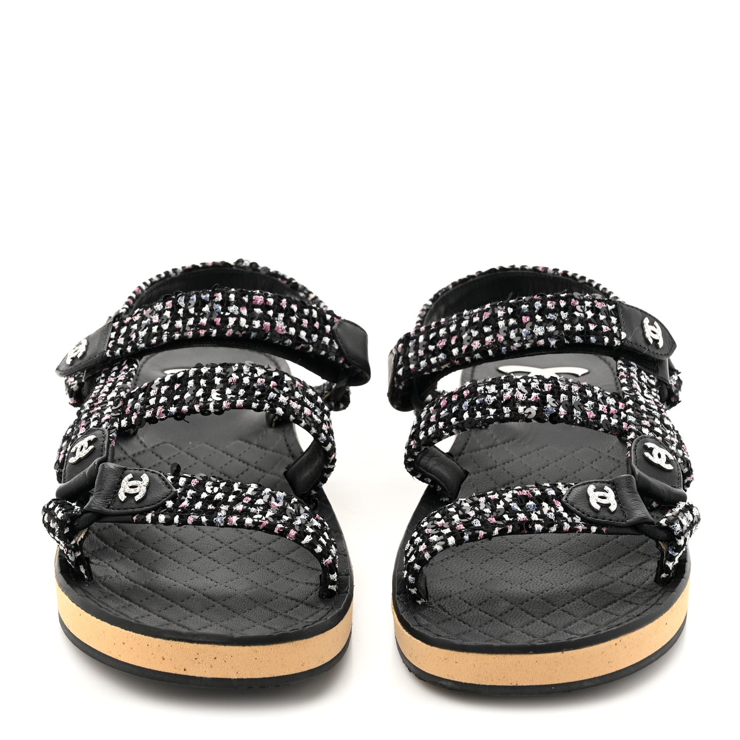 Glittered Tweed Lambskin Dad Sandals 39 Black White