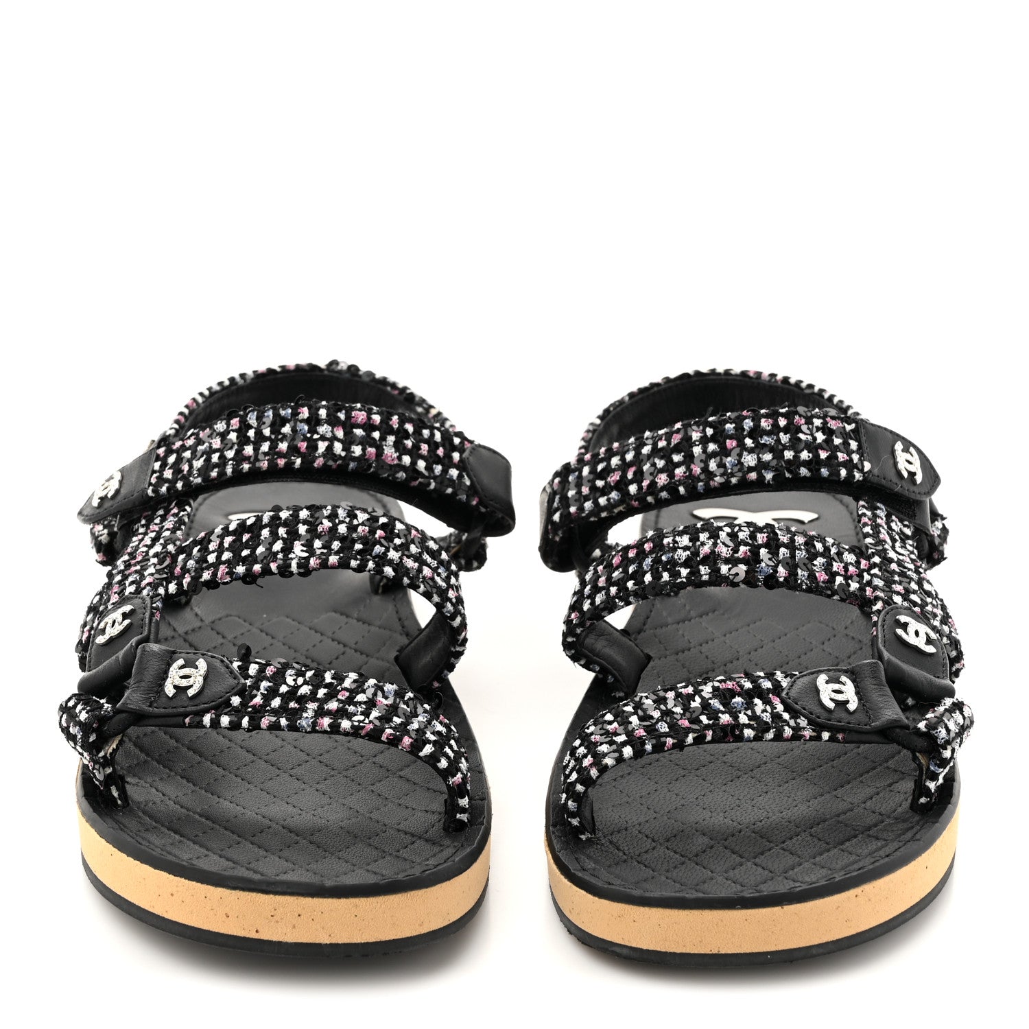 Chanel Glittered Tweed Lambskin Dad Sandals 39 Black White 2 of 9