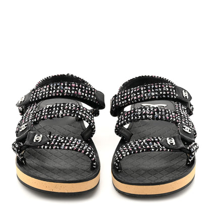 Chanel Glittered Tweed Lambskin Dad Sandals 39 Black White 2 of 9