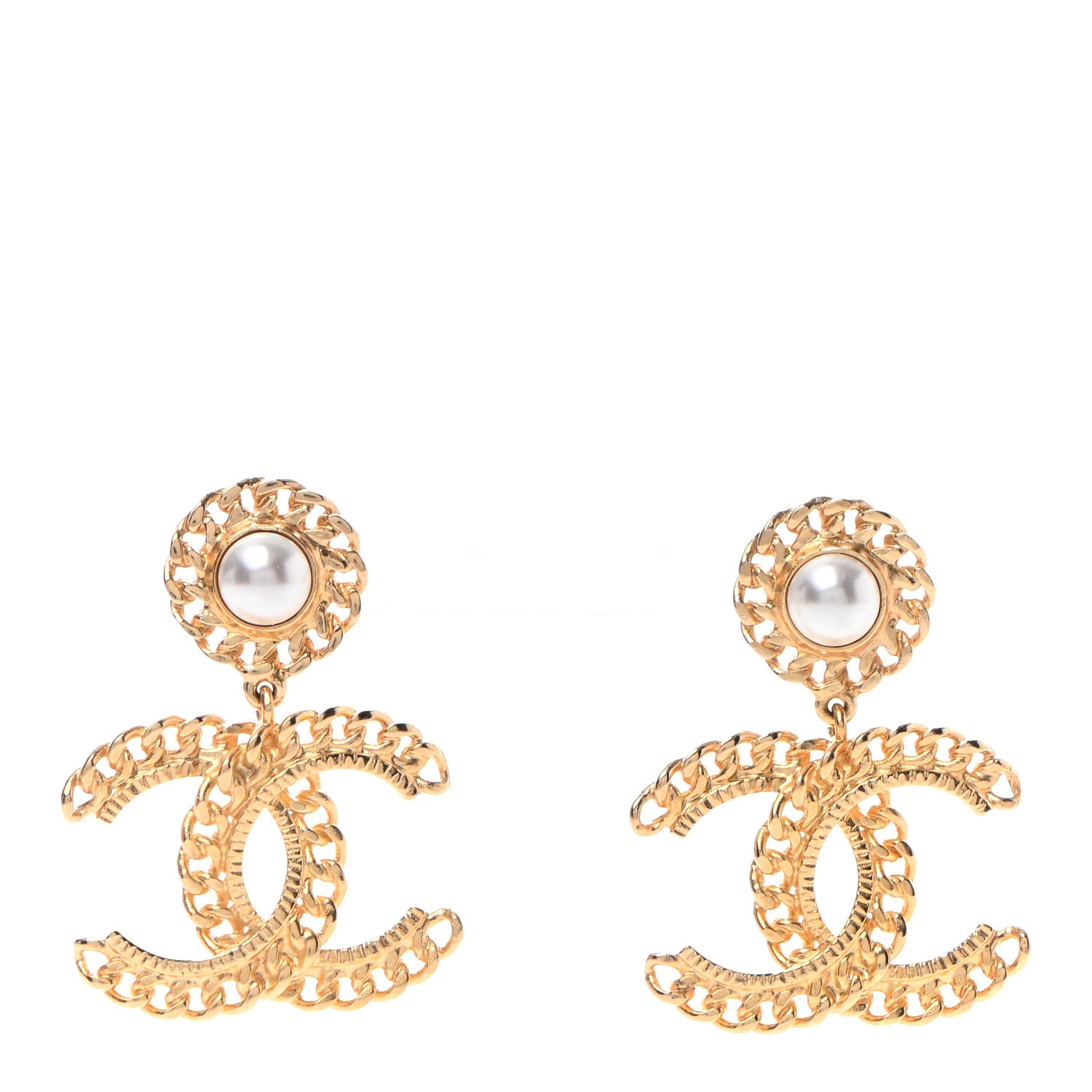 Chanel Metal Pearl CC Chain Drop Earrings Gold 1 of 4