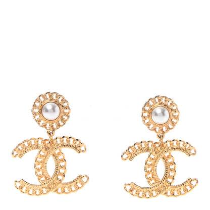 Chanel Metal Pearl CC Chain Drop Earrings Gold 1 of 4