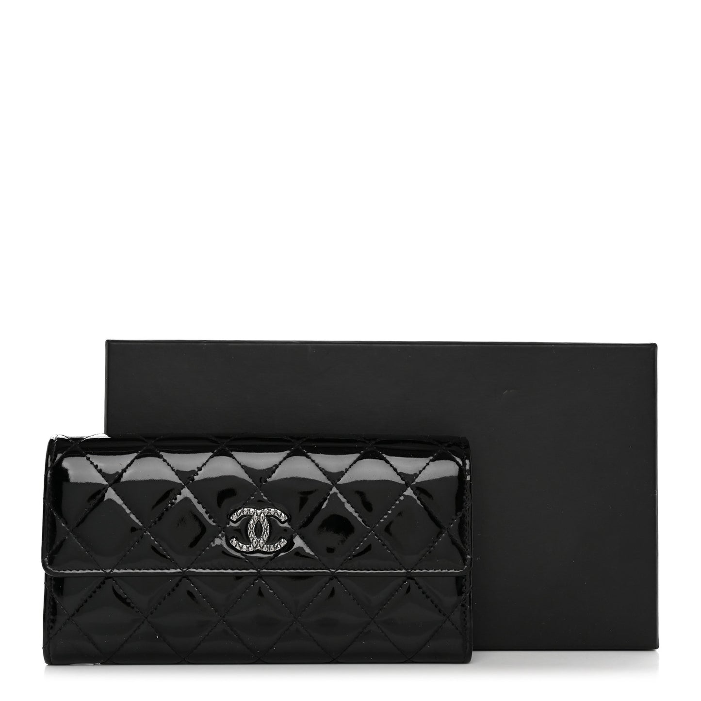 Patent Quilted Large Brilliant Flap Wallet Black