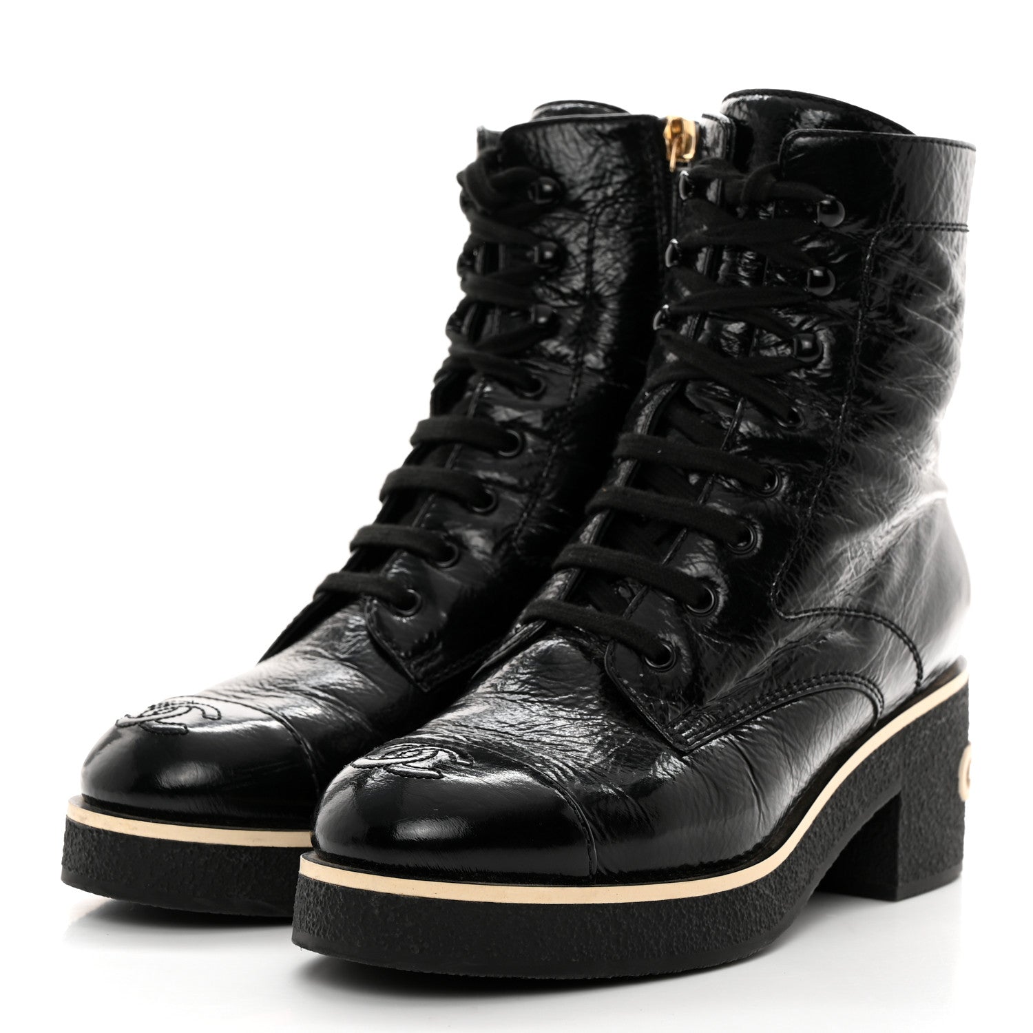 Chanel Shiny Crumpled Lambskin Lace Up Combat Boots 38 Black 3 of 10