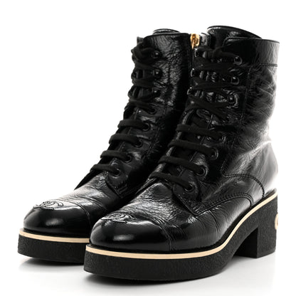 Chanel Shiny Crumpled Lambskin Lace Up Combat Boots 38 Black 3 of 10