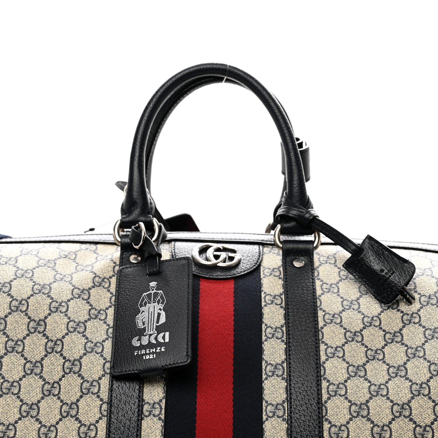 Gucci GG Supreme Monogram Textured Dollar Calfskin Web Large Savoy Duffle Bag Beige Blue 4 of 8