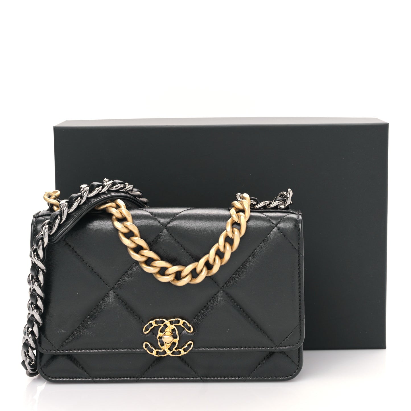 Lambskin Quilted Chanel 19 Wallet On Chain WOC Black