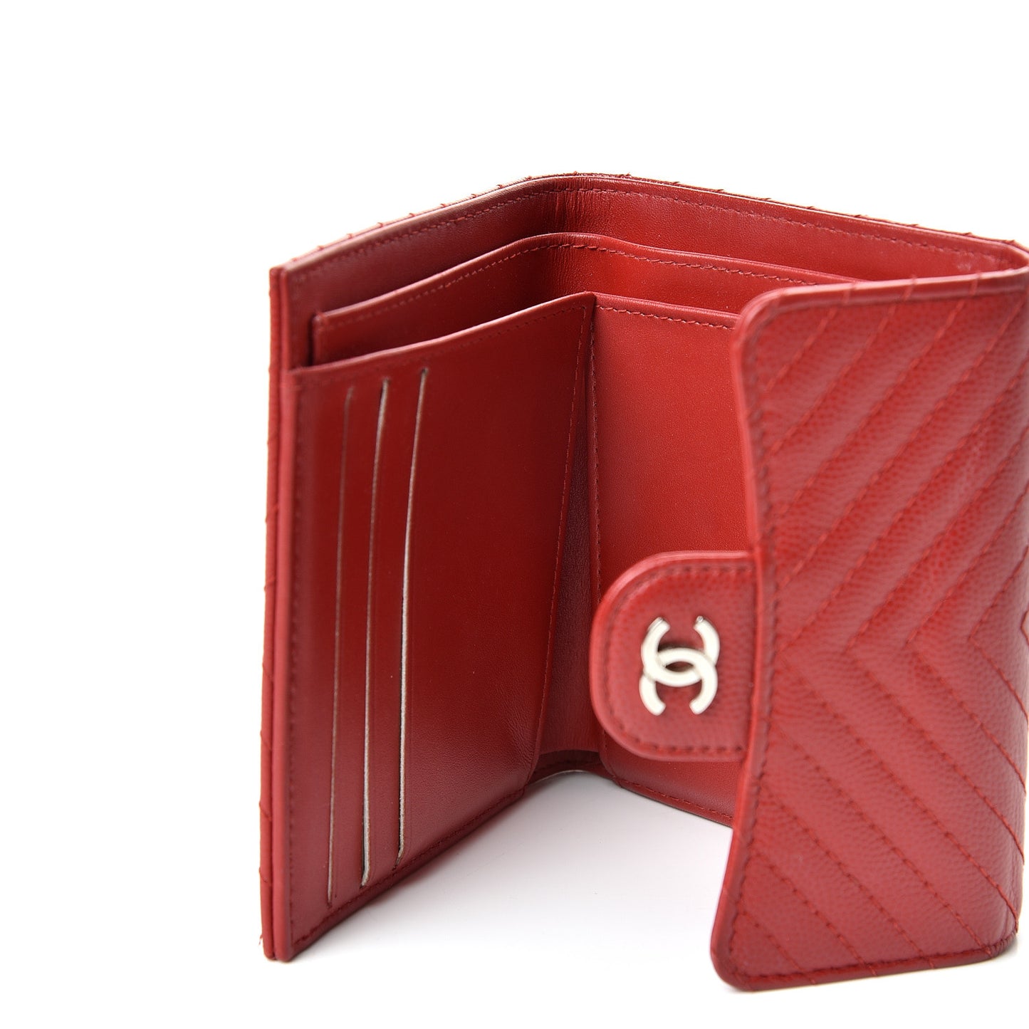 Caviar Chevron Quilted Compact Flap Wallet Dark Red
