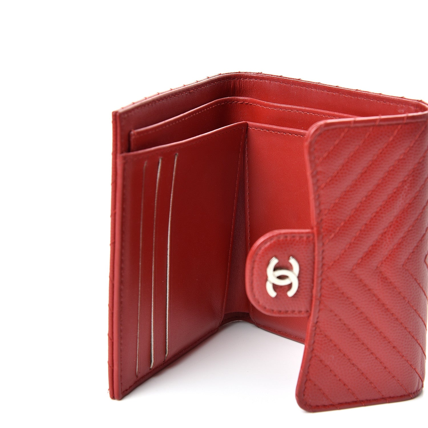 Chanel Caviar Chevron Quilted Compact Flap Wallet Dark Red 7 of 11