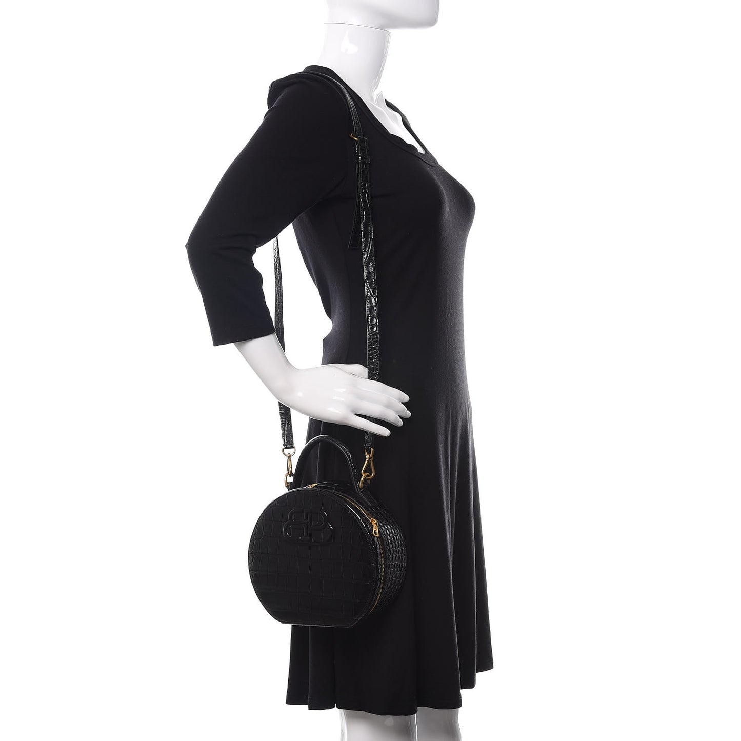 Calfskin Crocodile Embossed Vanity Round Bag XS Black