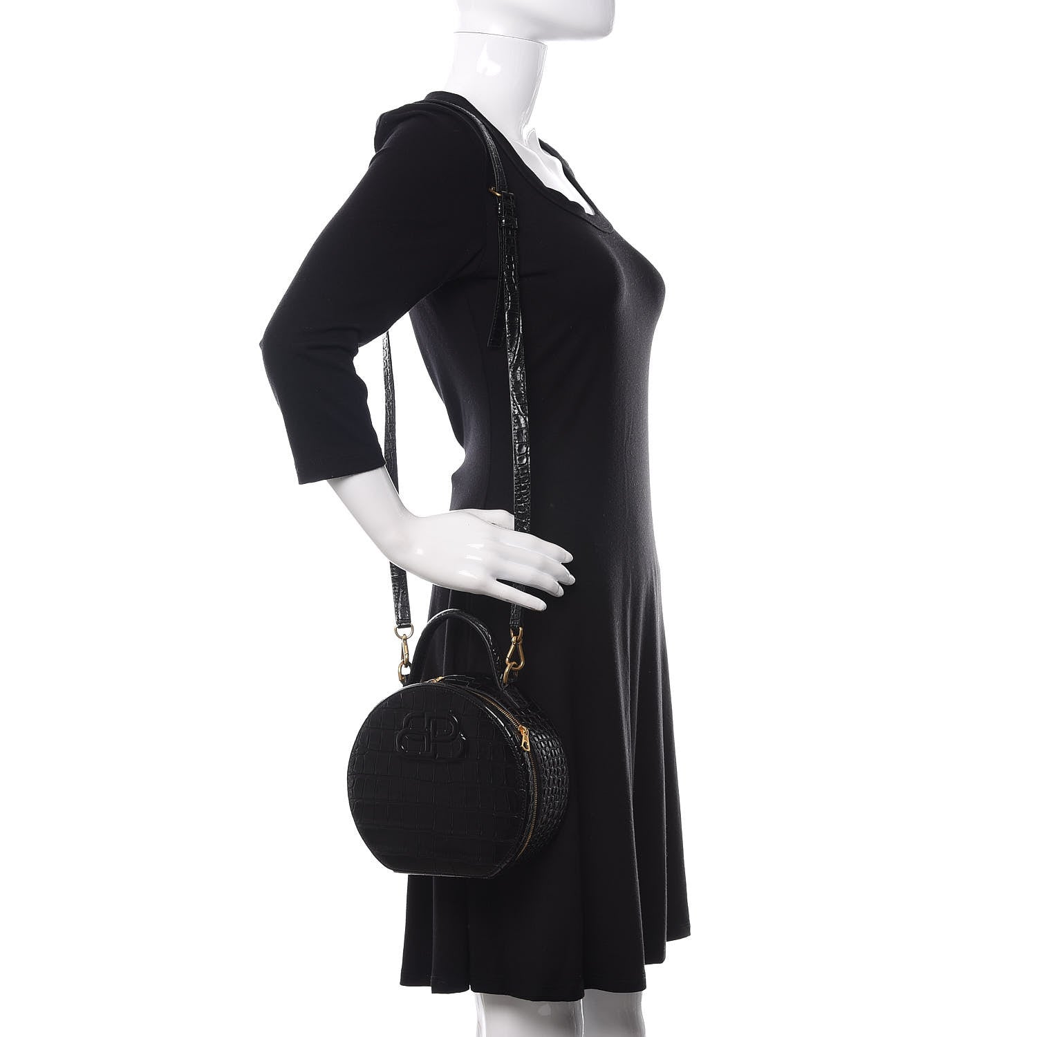 Balenciaga Calfskin Crocodile Embossed Vanity Round Bag XS Black 2 of 9