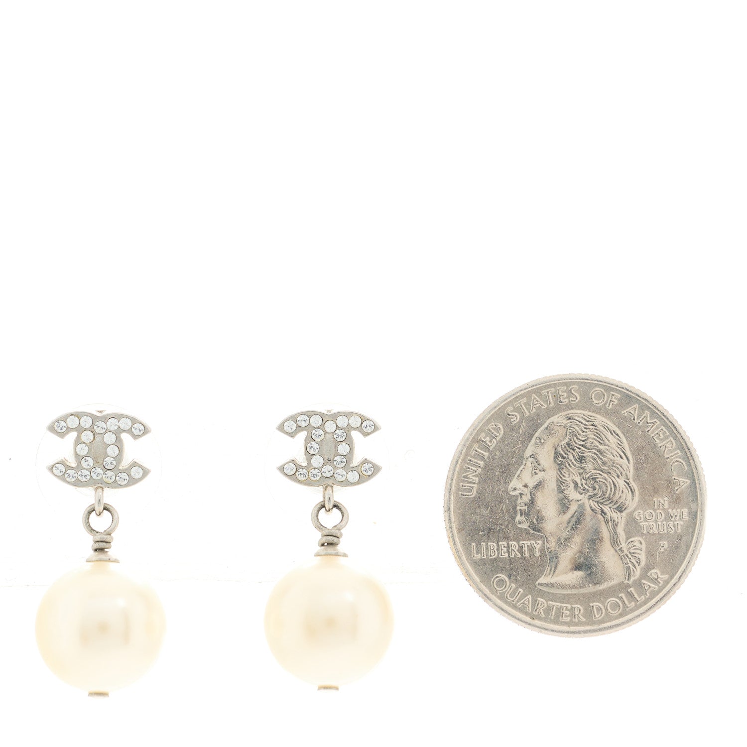 Chanel Crystal Pearl CC Drop Earrings Silver Pearly White 2 of 5
