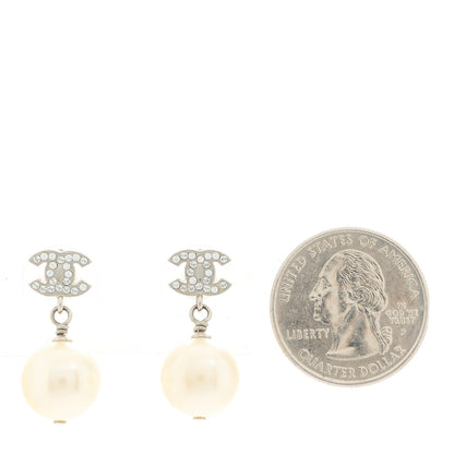 Chanel Crystal Pearl CC Drop Earrings Silver Pearly White 2 of 5