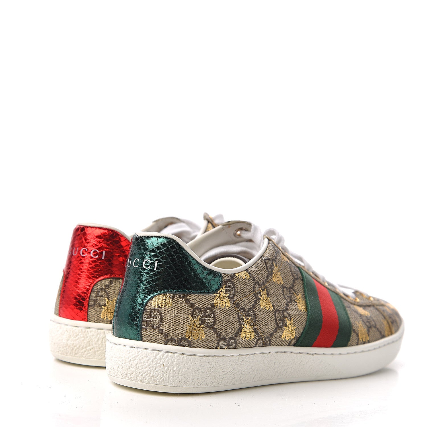 Gucci GG Supreme Monogram Bees Ayers Web Womens Ace Sneakers 37 Beige Oro Green Red 4 of 10