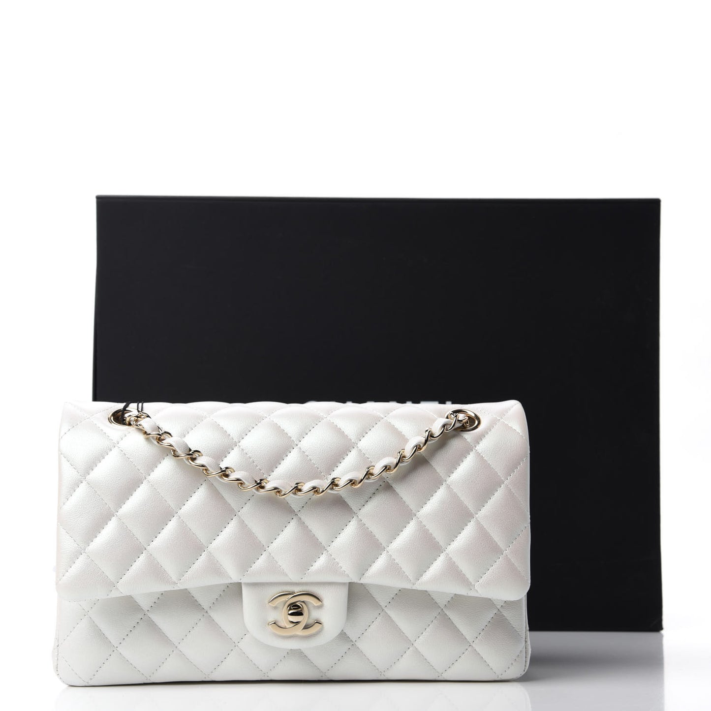 Iridescent Calfskin Quilted Medium Double Flap Ivory
