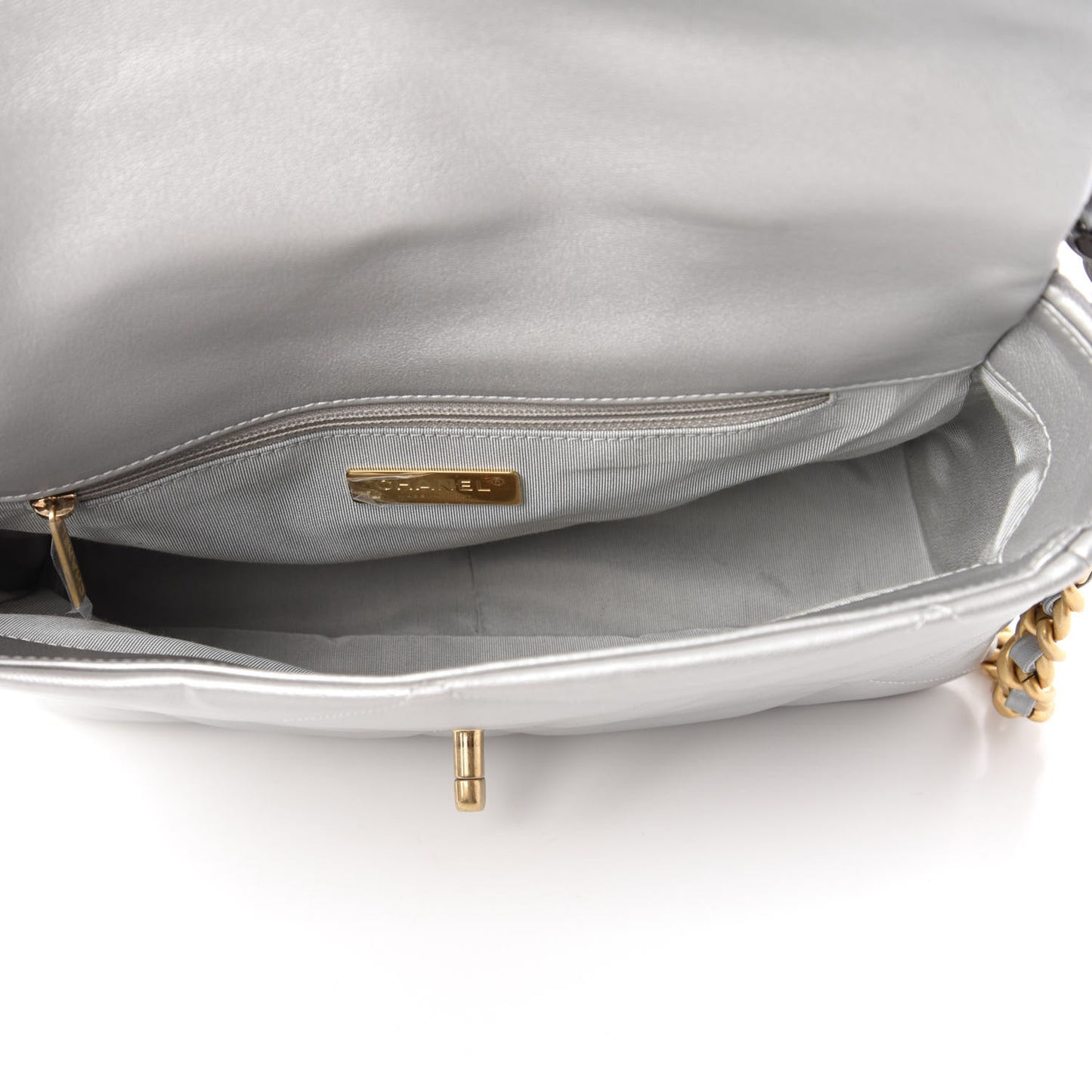 Metallic Goatskin Quilted Large Chanel 19 Flap Silver